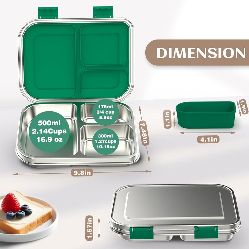 BABHAMNESS Stainless Steel Bento Box Kids, 3 Compartments Leak Proof Metal Bento Lunch Box, 304 Stainless Steel Bento Lunch Containers for School and Office,Dishwasher Safe, BPA-Free-Green - Image 5